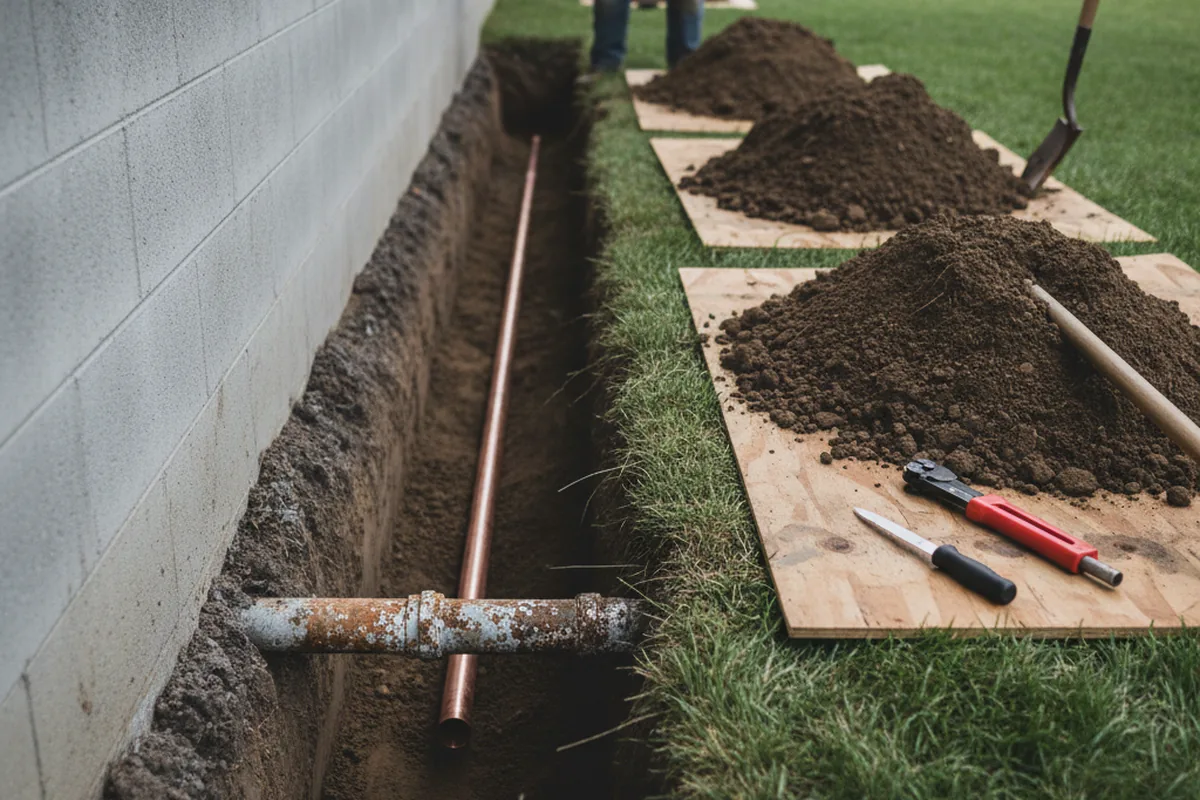 Excavated water line trench during Water Softener Installation in Harwood